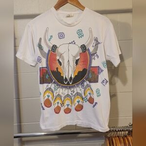 Vintage 90s Sitting Bull Cow Skull Native American 2 sided single stitch